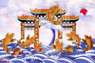 File in ấn Tranh hoa sen cá cửu ngư quần hội S4769 (bản gốc) chất lượng cao