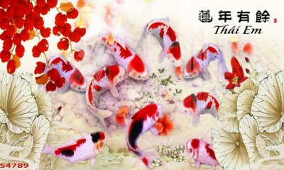 File ảnh Tranh hoa sen cá cửu ngư quần hội S4789 (gốc) in PP, decal