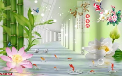 File in mica Tranh hoa sen cá cửu ngư quần hội S4854 (bản gốc) làm vách ngăn