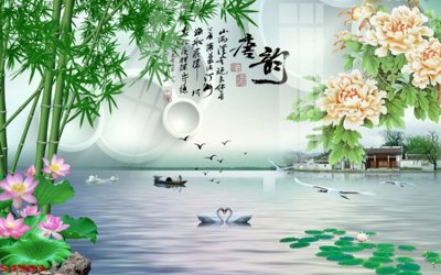 File in mica Tranh hoa sen cá cửu ngư quần hội S4903 (bản gốc) làm vách ngăn