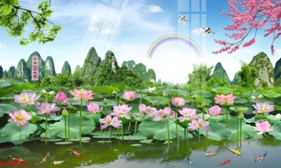 Tải file Tranh hoa sen cá cửu ngư quần hội S4922 (PSD) cho in tranh 3D