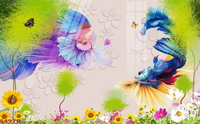 File tranh Tranh hoa sen cá cửu ngư quần hội S4970 (bản gốc) in lụa dán tường