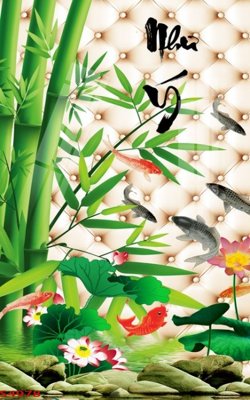 File in trần Tranh hoa sen cá cửu ngư quần hội S4978 (bản gốc 3D) sống động