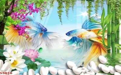 File ảnh Tranh hoa sen cá cửu ngư quần hội S5018 (gốc) in poster