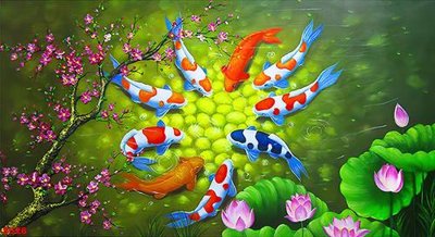 File tranh ảnh gốc Tranh cửu ngư quần hội sen cá S526 dùng cho in khổ lớn