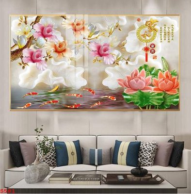 File in mica Tranh cửu ngư quần hội sen cá S581 (bản gốc) làm vách ngăn