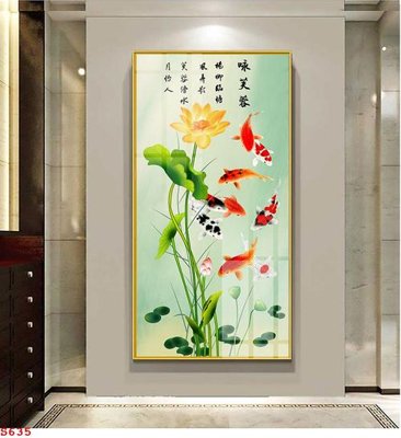 Ảnh gốc file in lụa Tranh cửu ngư quần hội sen cá S635 chi tiết