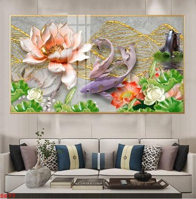 File in lụa Tranh cửu ngư quần hội sen cá S677 (tân cổ điển) Tranh cửu ngư quần hội sen cá S677