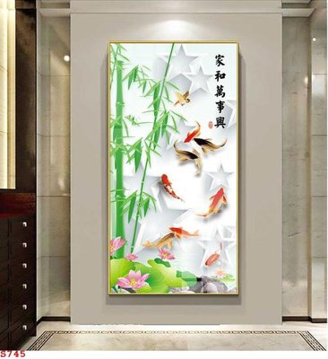 File tranh Tranh cửu ngư quần hội sen cá S745 (bản gốc) in lụa dán tường