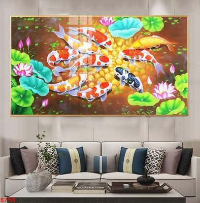 File gốc Tranh cửu ngư quần hội sen cá S758 (in mica) trang trí