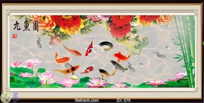 File tranh gốc Tranh cửu ngư quần hội sen cá S79 (bản quyền) độc đáo