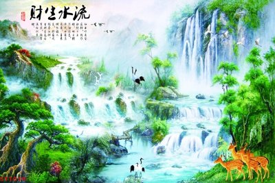 File tranh gốc Tranh sơn thủy thác nước phong thủy ST1019 chủ đề hiện đại