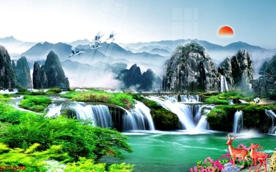 File tranh quảng cáo Tranh sơn thủy thác nước phong thủy ST1049 (file gốc) chuyên nghiệp