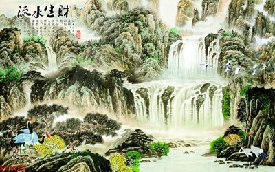File gốc Tranh sơn thủy thác nước phong thủy ST1059 (in lụa) chi tiết cao