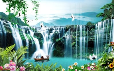 File tranh Tranh sơn thủy thác nước phong thủy ST1075 (gốc) chủ đề thiên nhiên