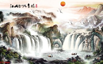 Download file gốc Tranh sơn thủy thác nước phong thủy ST1084 (in lụa) tranh 3D