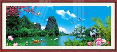 Download file gốc Tranh sơn thủy thác nước phong thủy ST1093 (in lụa) hoa lá
