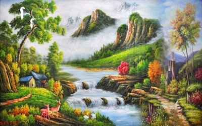 File PSD Tranh sơn thủy thác nước phong thủy ST1147 (chất lượng in ấn)