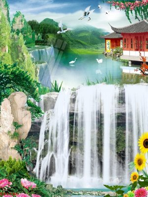 File gốc Tranh sơn thủy thác nước phong thủy ST1156 (phong cách) cổ điển