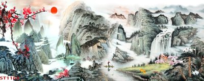 File tranh Tranh sơn thủy thác nước phong thủy ST1163 (bản gốc) in lụa 5D