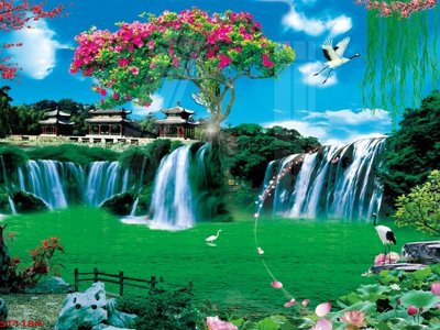 Tải file Tranh sơn thủy thác nước phong thủy ST1184 (ảnh gốc) file AI/EPS