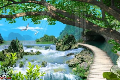 File tranh ảnh gốc Tranh sơn thủy thác nước phong thủy ST1185 dùng cho in khổ lớn