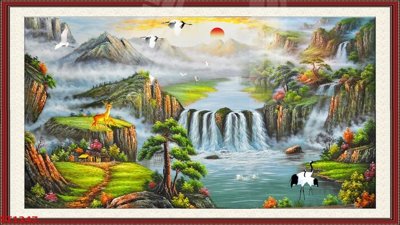 File PSD in ấn Tranh sơn thủy thác nước phong thủy ST1247 (chất lượng cao)