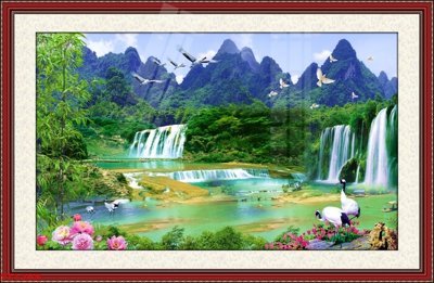 File gốc Tranh sơn thủy thác nước phong thủy ST1288 (in mica) trang trí