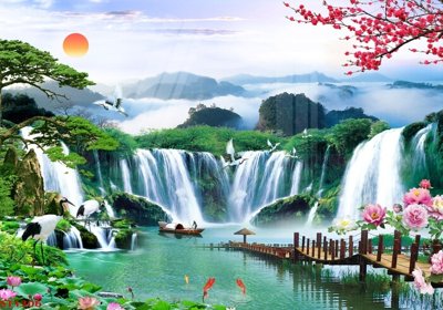 File ảnh Tranh sơn thủy thác nước phong thủy ST1306 (gốc) in Hiflex