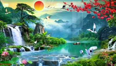 File gốc Tranh sơn thủy thác nước phong thủy ST1308 (in mica) trang trí