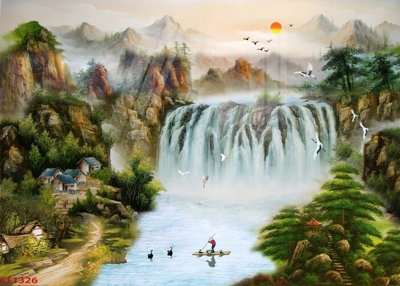 File gốc in tráng gương Tranh sơn thủy thác nước phong thủy ST1326 chi tiết