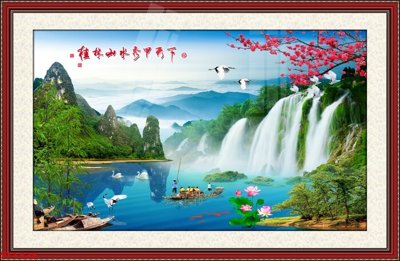 File in lụa Tranh sơn thủy thác nước phong thủy ST1328 (chất lượng cao) Tranh sơn thủy thác nước phong thủy ST1328