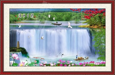 File gốc Tranh sơn thủy thác nước phong thủy ST1346 (in lụa) hoa văn cổ điển