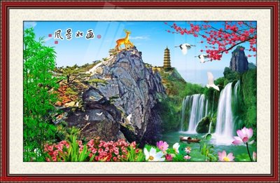 File gốc Tranh sơn thủy thác nước phong thủy ST1381 (Filetranh.com) Tranh sơn thủy thác nước phong thủy ST1381