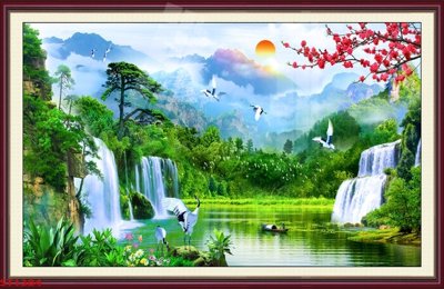 Download file Tranh sơn thủy thác nước phong thủy ST1384 (gốc) in mica bàn thờ