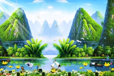 File PSD Tranh sơn thủy thác nước phong thủy ST1388 (gốc) cho designer