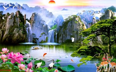 File tranh Tranh sơn thủy thác nước phong thủy ST1396 (ảnh gốc) độc quyền