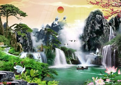 File in trần Tranh sơn thủy thác nước phong thủy ST1399 (file gốc) hoa văn 3D