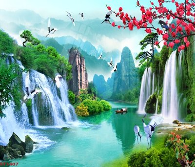 Download file Tranh sơn thủy thác nước phong thủy ST1407 (gốc) in mica ốp bếp