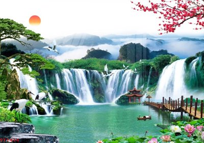 File tranh in tráng gương Tranh sơn thủy thác nước phong thủy ST1414 (siêu nét)