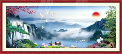 Ảnh mô tả file gốc in mica Tranh sơn thủy thác nước phong thủy ST1436