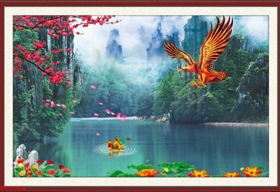 Tải file Tranh sơn thủy thác nước phong thủy ST1479 (gốc) chủ đề hoa sen