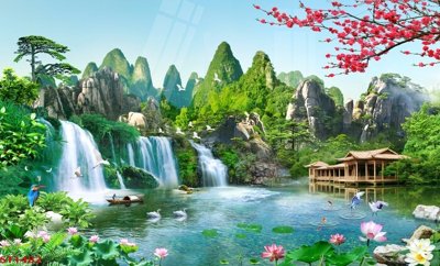 Hình ảnh file gốc in lụa Tranh sơn thủy thác nước phong thủy ST1482