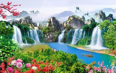 File tranh in tráng gương Tranh sơn thủy thác nước phong thủy ST1494 (siêu nét)