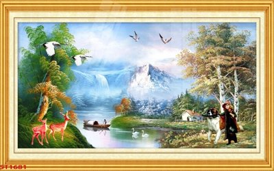 File tranh gốc in trần nhà Tranh sơn thủy thác nước phong thủy ST1681 3D