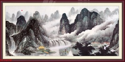 File gốc Tranh sơn thủy thác nước phong thủy ST1978 (in lụa) tranh mã đáo