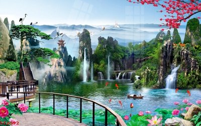 File PSD Tranh sơn thủy thác nước phong thủy ST2092 (bản gốc) cho nhà in