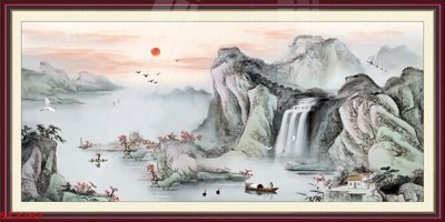 File in lụa Tranh sơn thủy thác nước phong thủy ST2161 (hoa văn) Tranh sơn thủy thác nước phong thủy ST2161