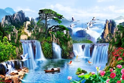 File in ấn Tranh sơn thủy thác nước phong thủy ST2293 (bản gốc) sắc nét