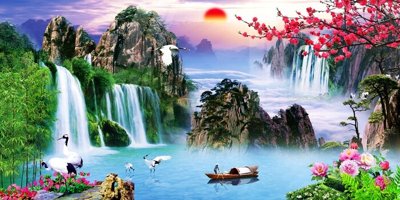 File ảnh Tranh sơn thủy thác nước phong thủy ST2297 (gốc) in quảng cáo ngoài trời